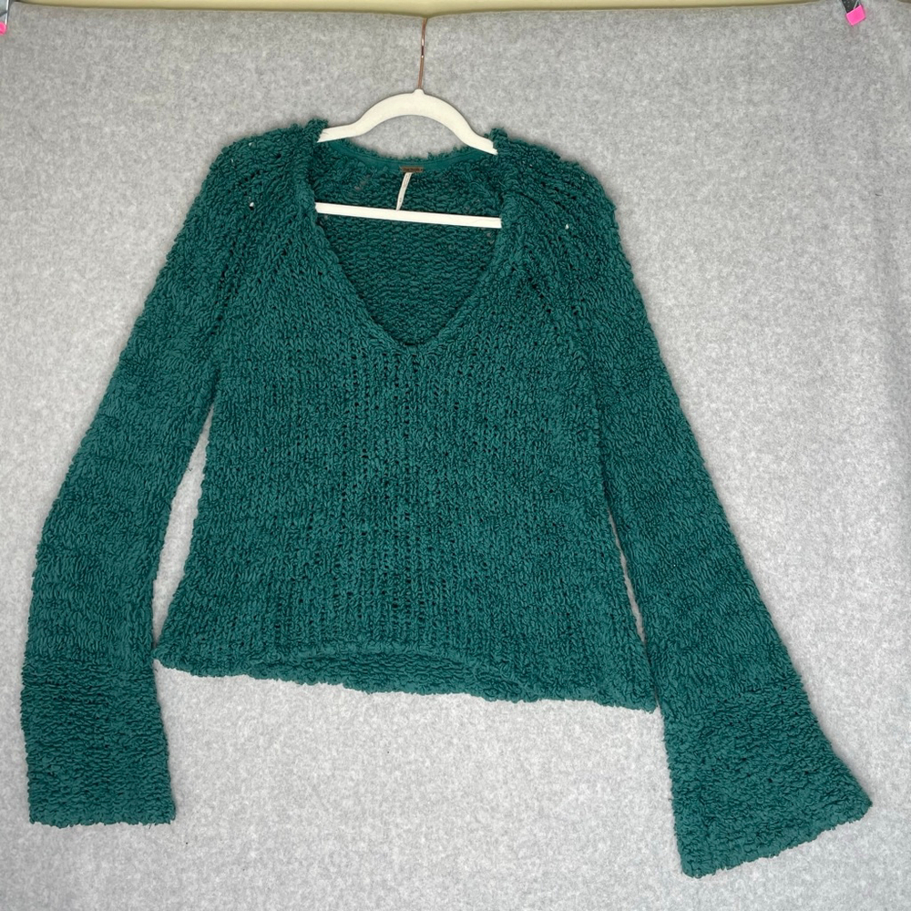 Free People Teal Chunky Knit V Neck Bell Sleeve Sweater Medium